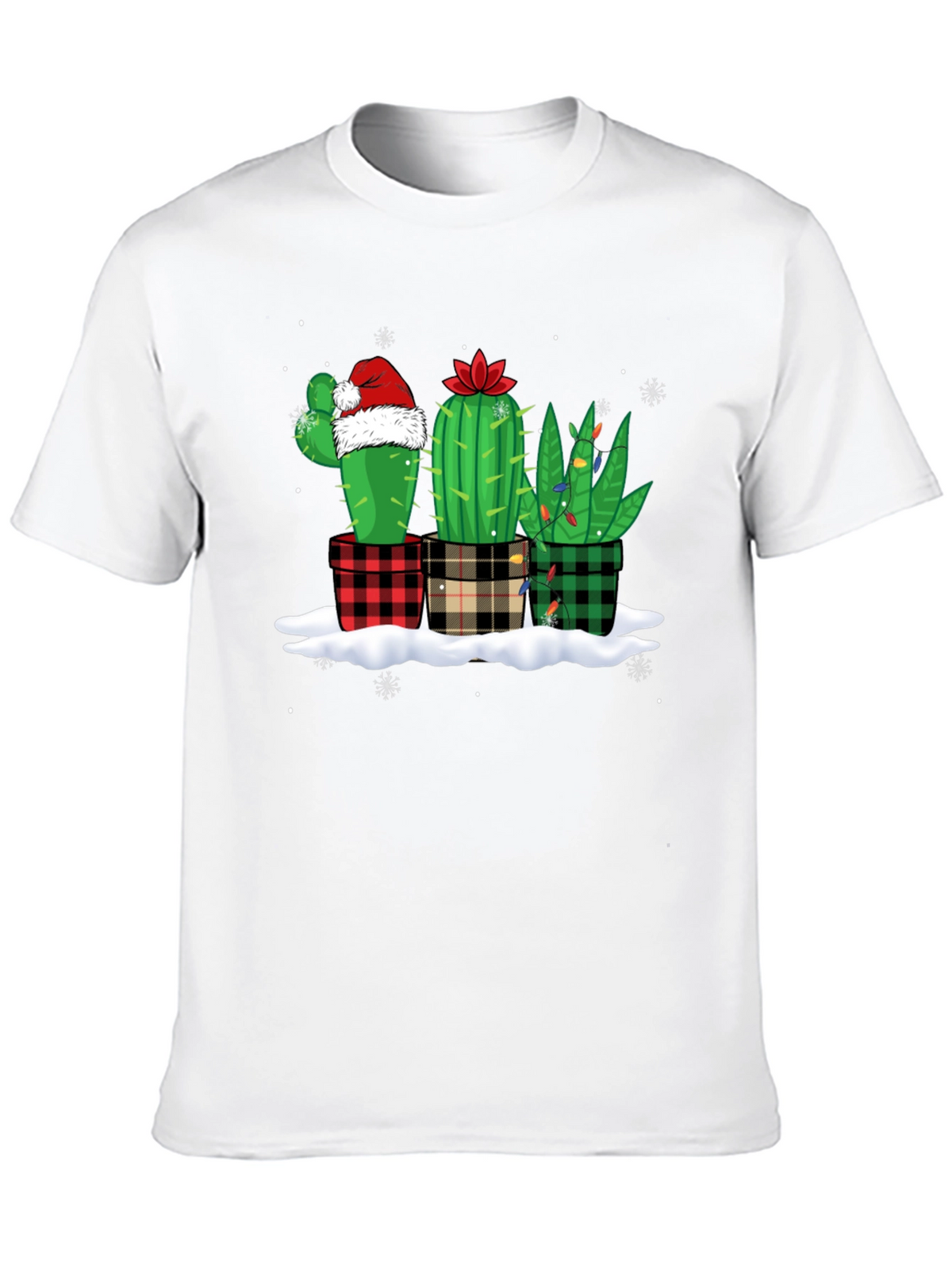 Holiday Cactus T-Shirt: Plaid Pots & Santa Hat