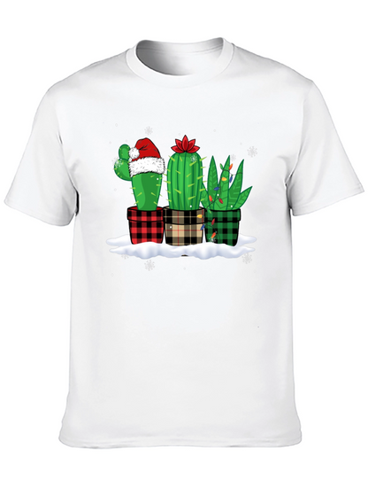 Holiday Cactus T-Shirt: Plaid Pots & Santa Hat