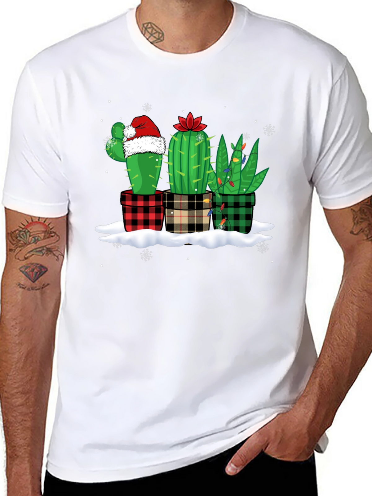 Holiday Cactus T-Shirt: Plaid Pots & Santa Hat