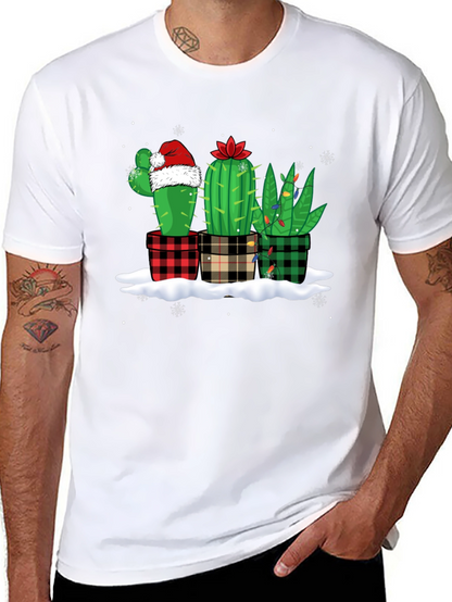 Holiday Cactus T-Shirt: Plaid Pots & Santa Hat