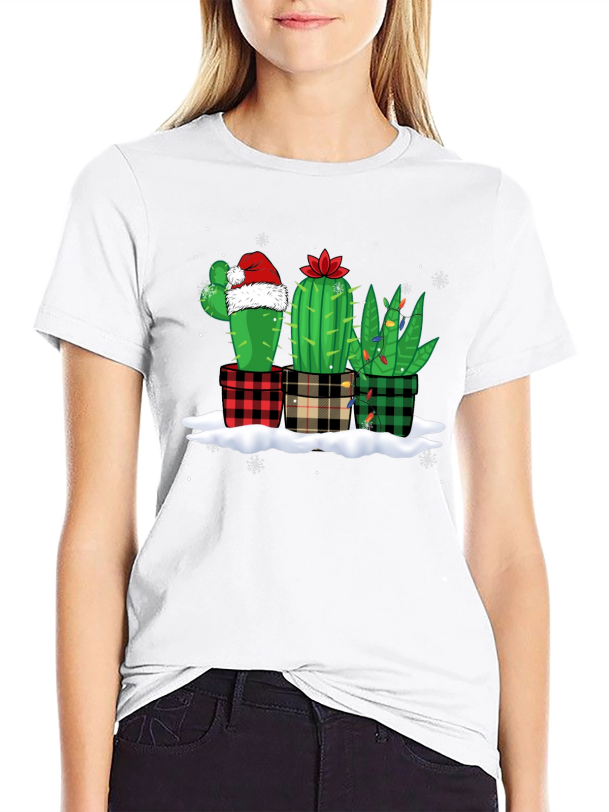 Holiday Cactus T-Shirt: Plaid Pots & Santa Hat