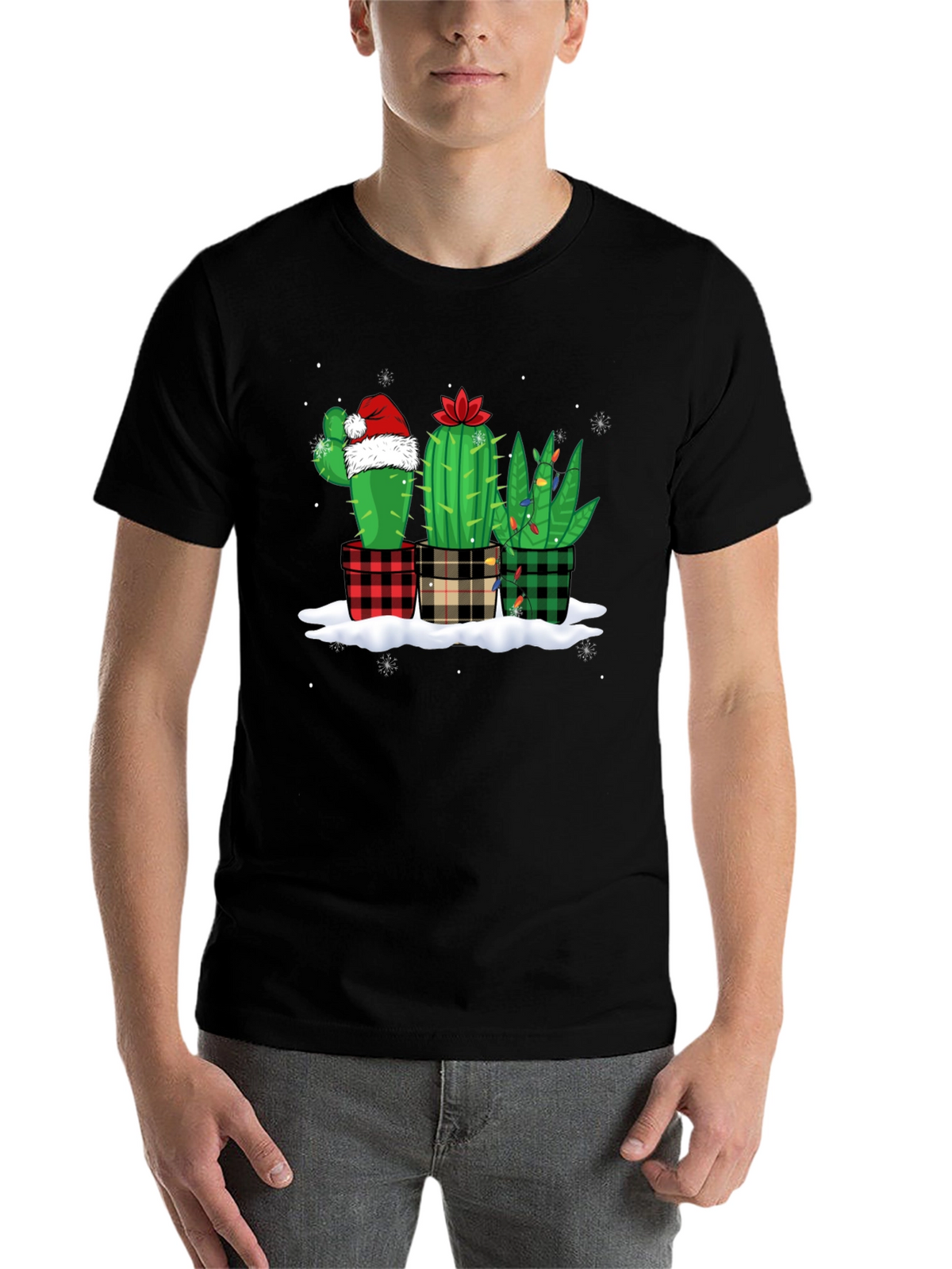 Holiday Cactus T-Shirt: Plaid Pots & Santa Hat