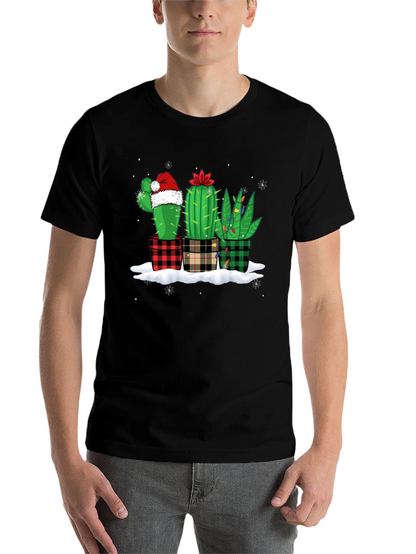 Holiday Cactus T-Shirt: Plaid Pots & Santa Hat