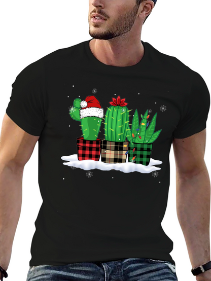 Holiday Cactus T-Shirt: Plaid Pots & Santa Hat