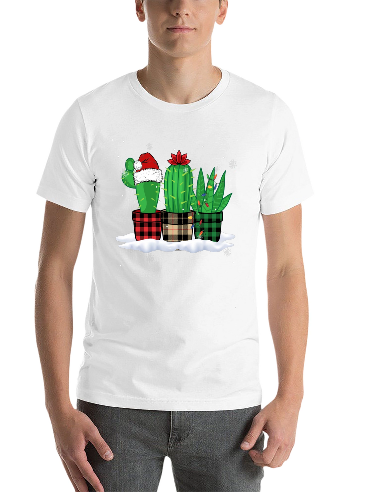 Holiday Cactus T-Shirt: Plaid Pots & Santa Hat