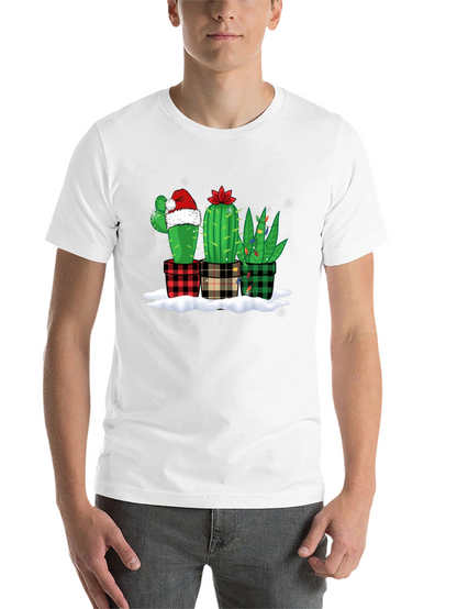 Holiday Cactus T-Shirt: Plaid Pots & Santa Hat