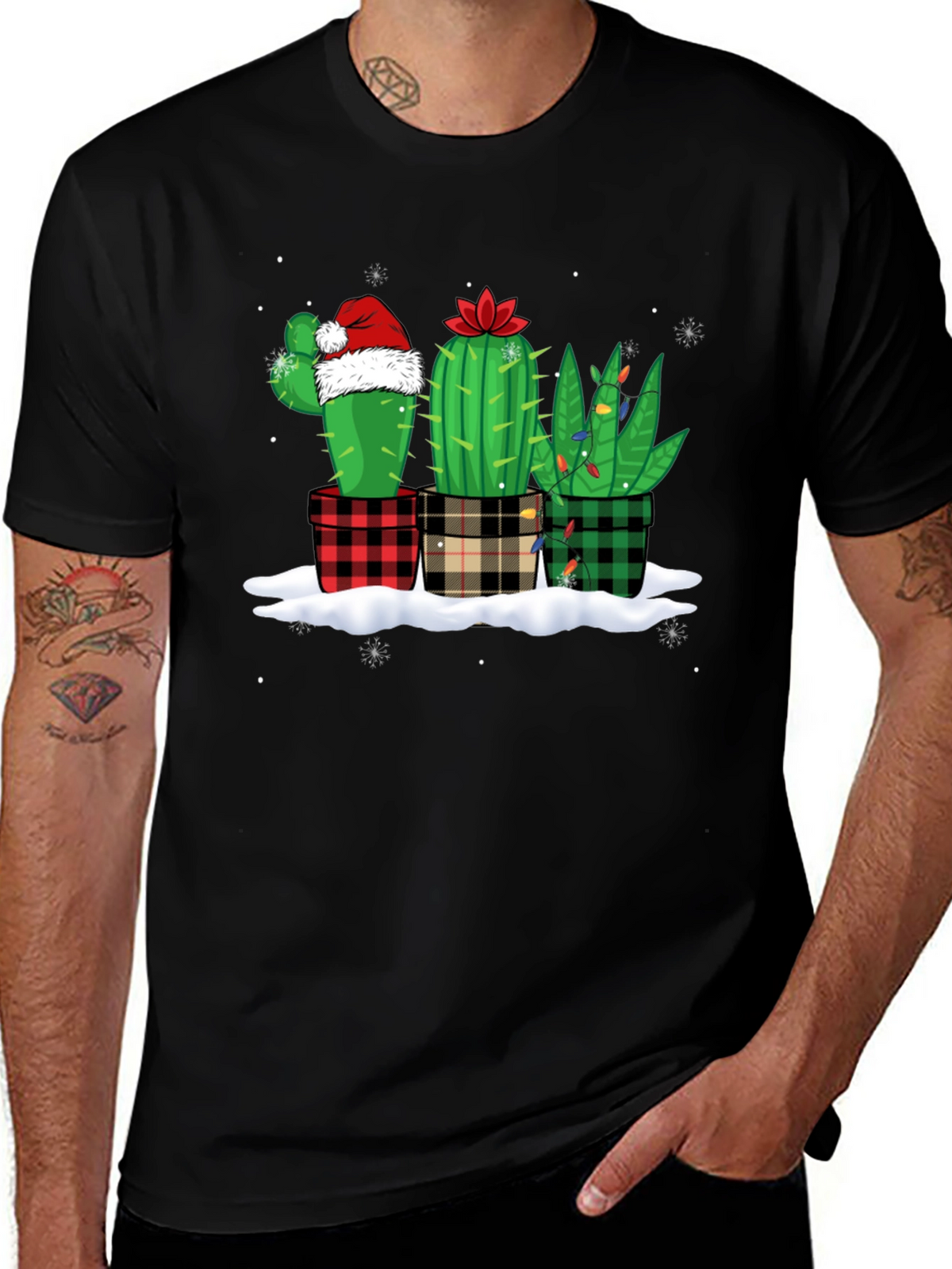Holiday Cactus T-Shirt: Plaid Pots & Santa Hat