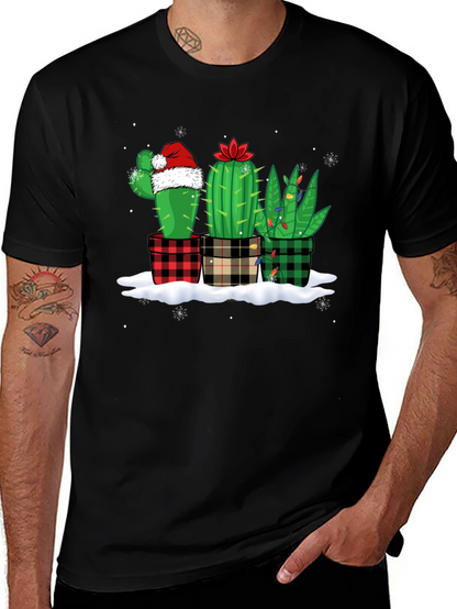 Holiday Cactus T-Shirt: Plaid Pots & Santa Hat