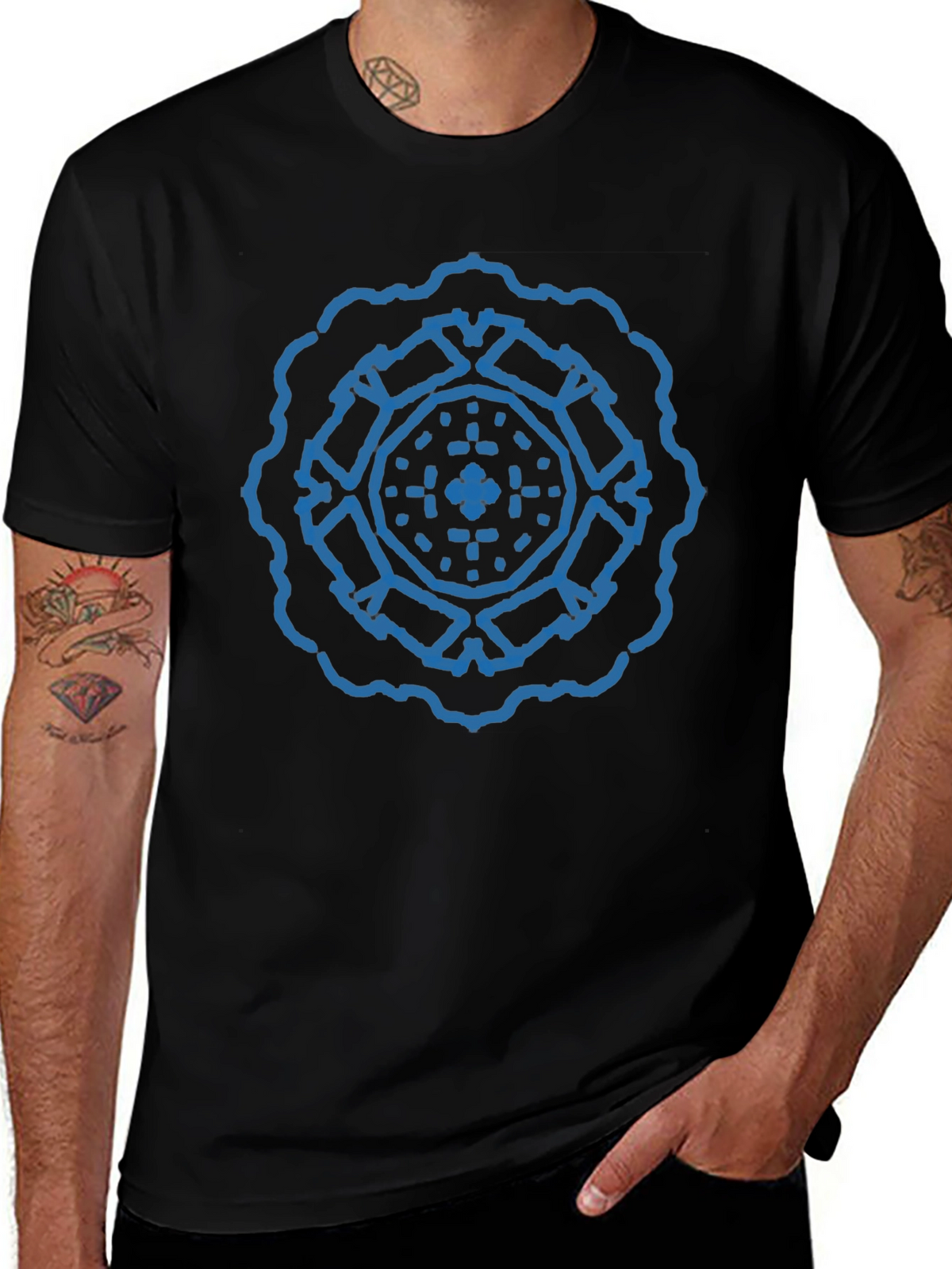 Geometric Blue Print Black T-Shirt
