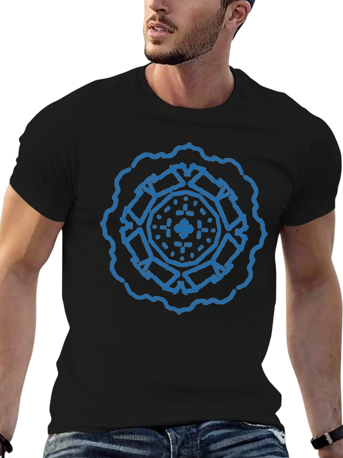 Geometric Blue Print Black T-Shirt