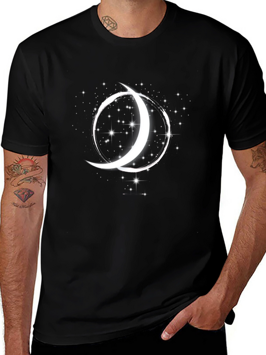 Celestial Moon & Stars Graphic T-Shirt - Black Cotton Blend