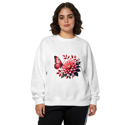 Romantic Red Butterfly & Pink Dahlia Flower Crewneck Sweatshirt