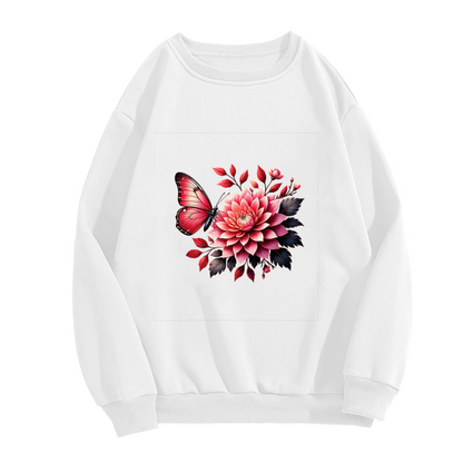 Romantic Red Butterfly & Pink Dahlia Flower Crewneck Sweatshirt