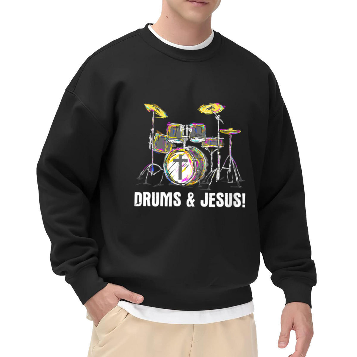 Drums & Jesus Creative Drum Kit Art Crewneck Sweatshirt