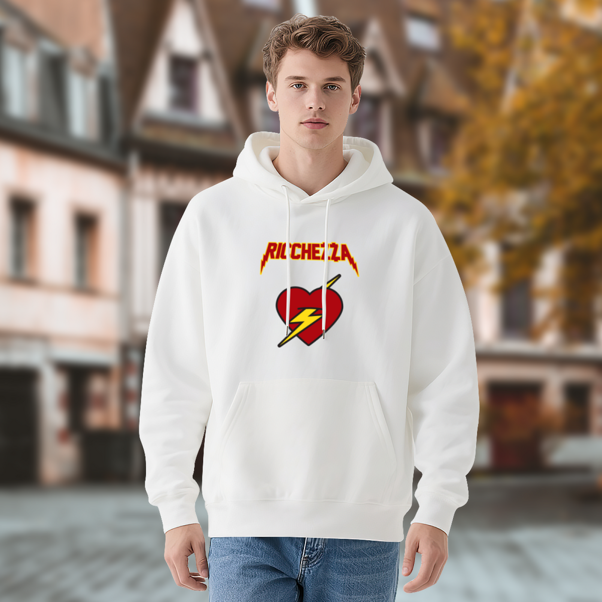 Retro Ricchezza Lightning Heart White Hoodie, Unisex Soft Y2K Style Hooded Top