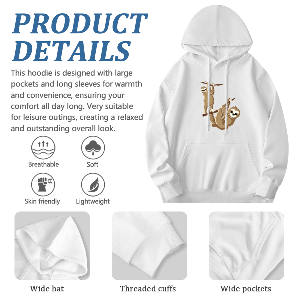 Cute Hanging Sloth Animal Print Hoodie