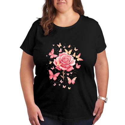 Soft Pink Rose & Floating Butterflies Feminine Tee