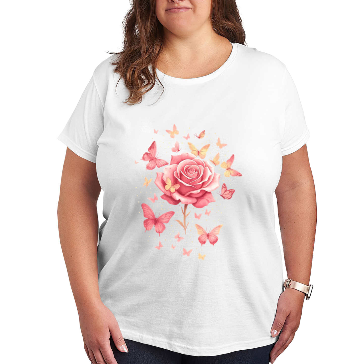 Soft Pink Rose & Floating Butterflies Feminine Tee