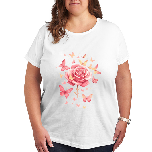Soft Pink Rose & Floating Butterflies Feminine Tee