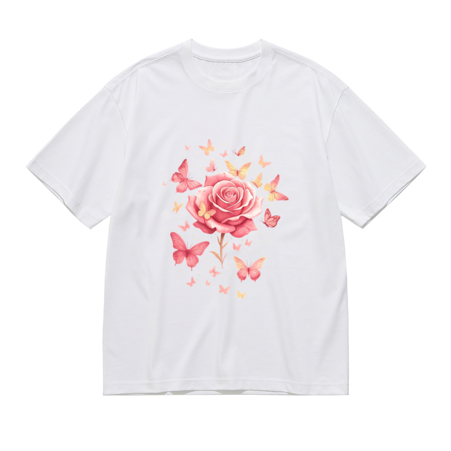 Soft Pink Rose & Floating Butterflies Feminine Tee