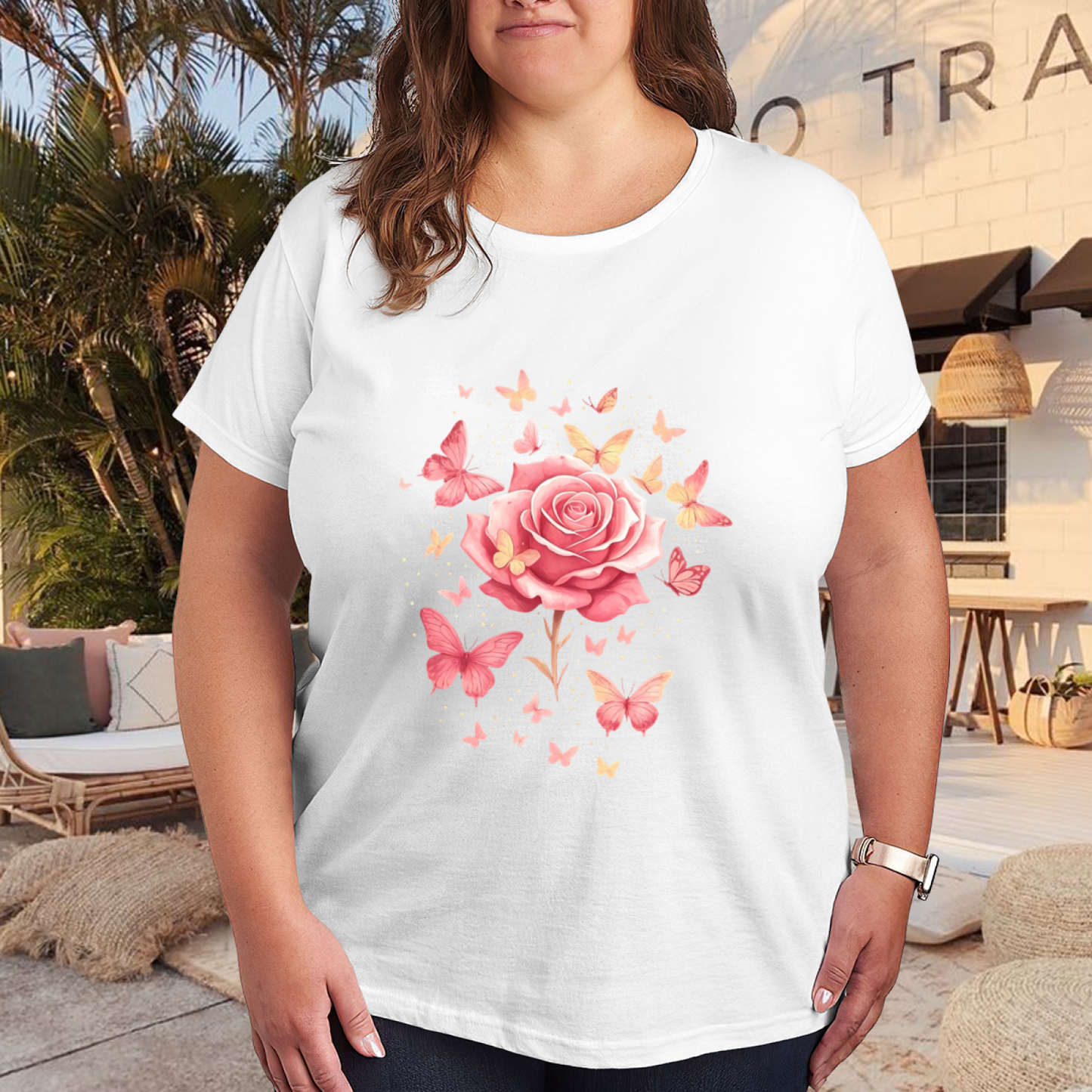 Soft Pink Rose & Floating Butterflies Feminine Tee
