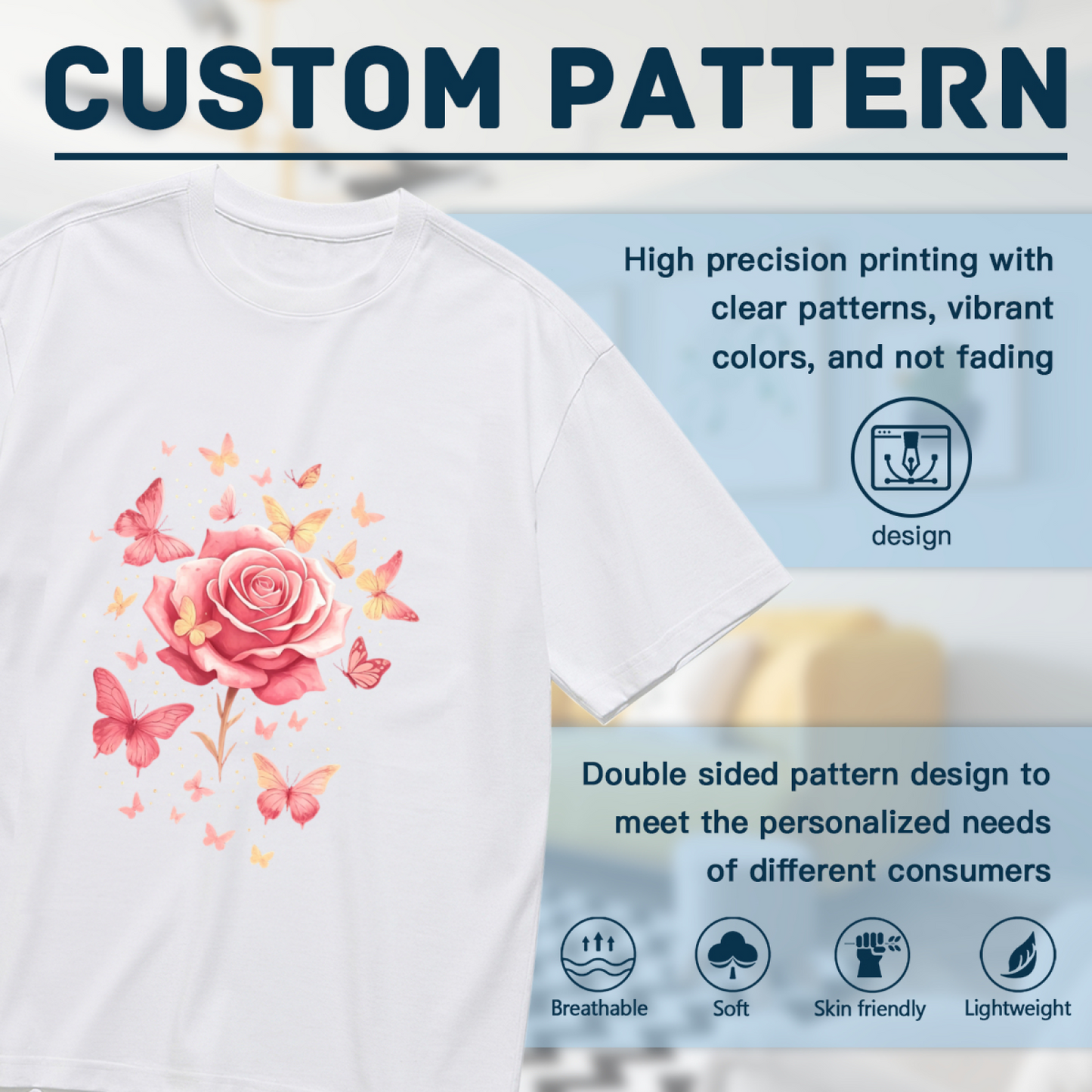 Soft Pink Rose & Floating Butterflies Feminine Tee