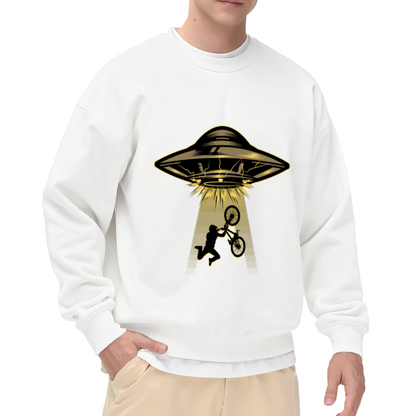 UFO Abducting BMX Biker Retro Sci?Fi Crewneck Sweatshirt Cool Alien Bike Graphic Pullover