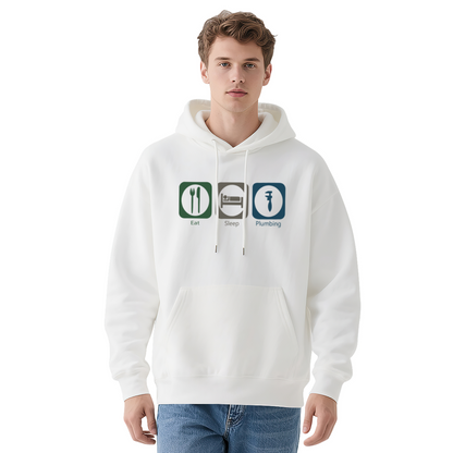 Eat Sleep Plumbing Funny Icon Graphic White Hoodie, Relaxed Unisex Worker Pullover