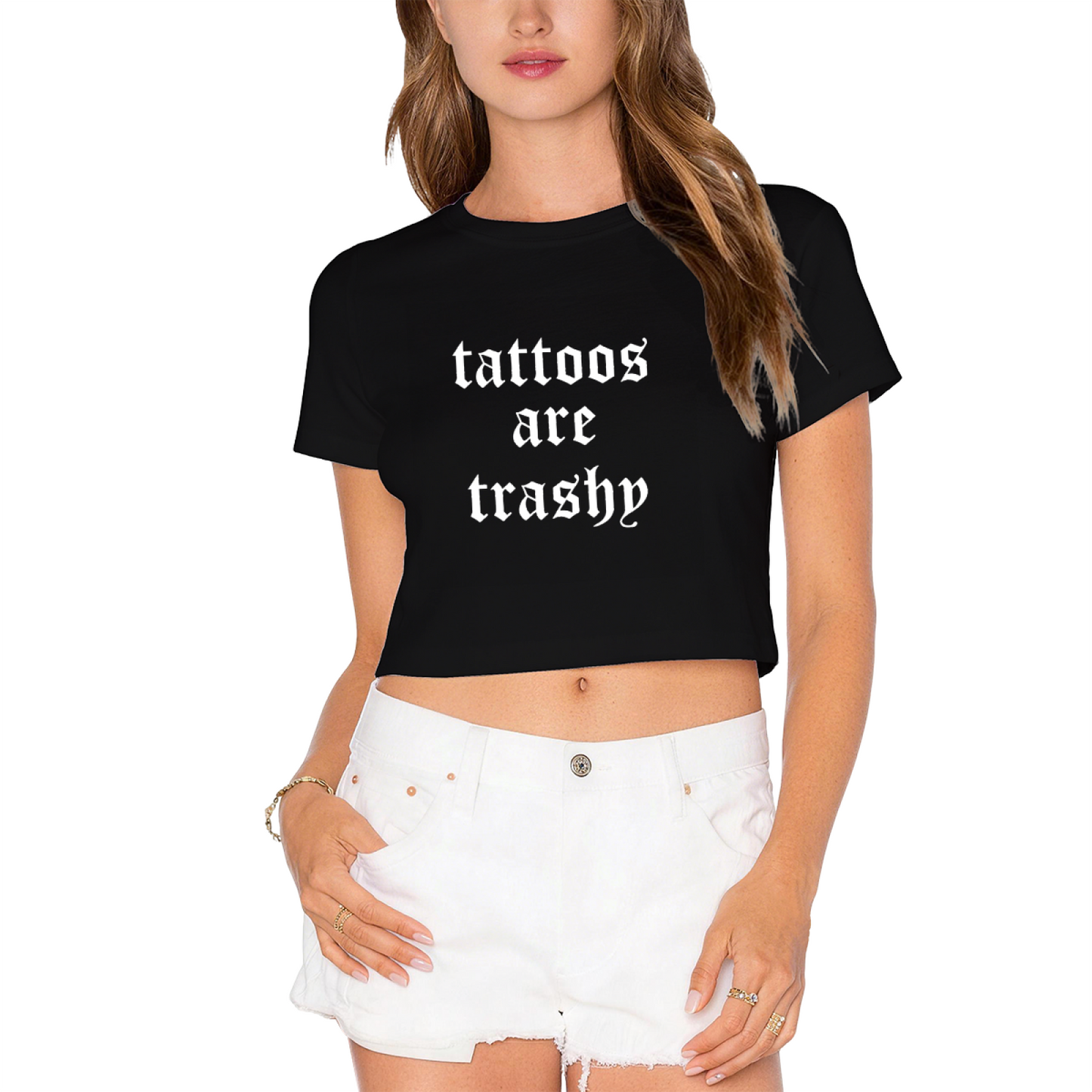 Tattoos Are Trashy Gothic Font Red Crop Top ¨C Edgy Controversial Slogan Shirt