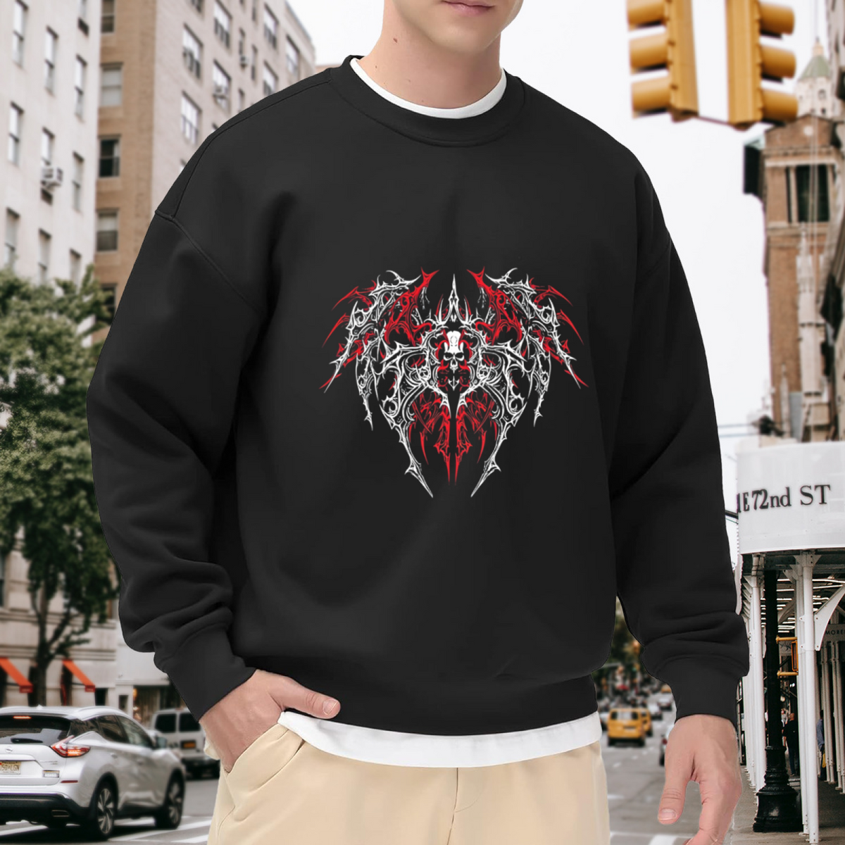 Gothic Red Thorn Skull Dark Streetwear Crewneck
