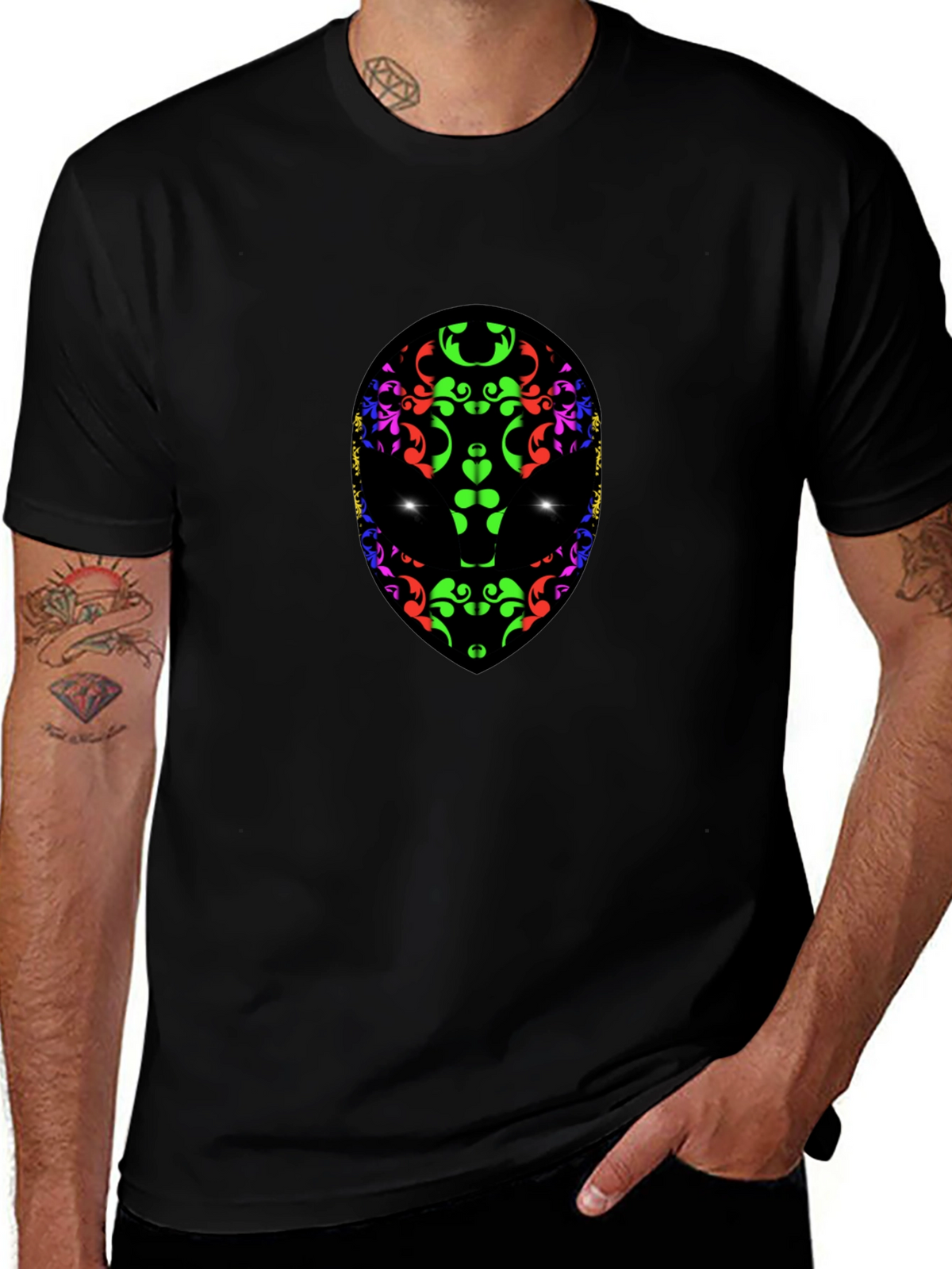 Abstract Alien Face Graphic Print Black T-Shirt