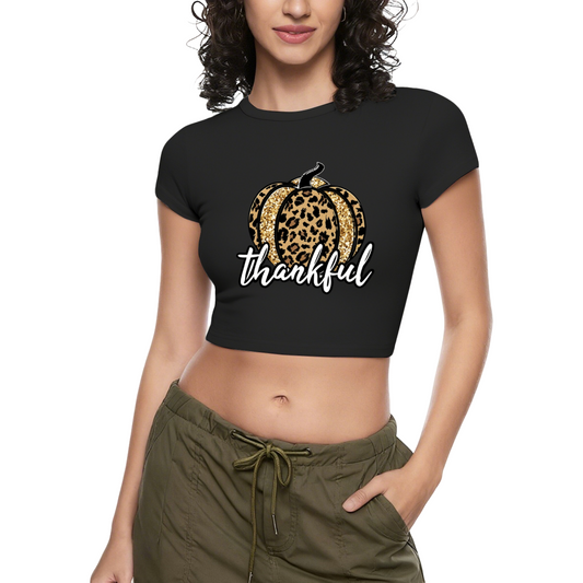 Leopard Glitter Pumpkin Thankful Fall Crop Top ¨C Autumn Holiday Slim Tee