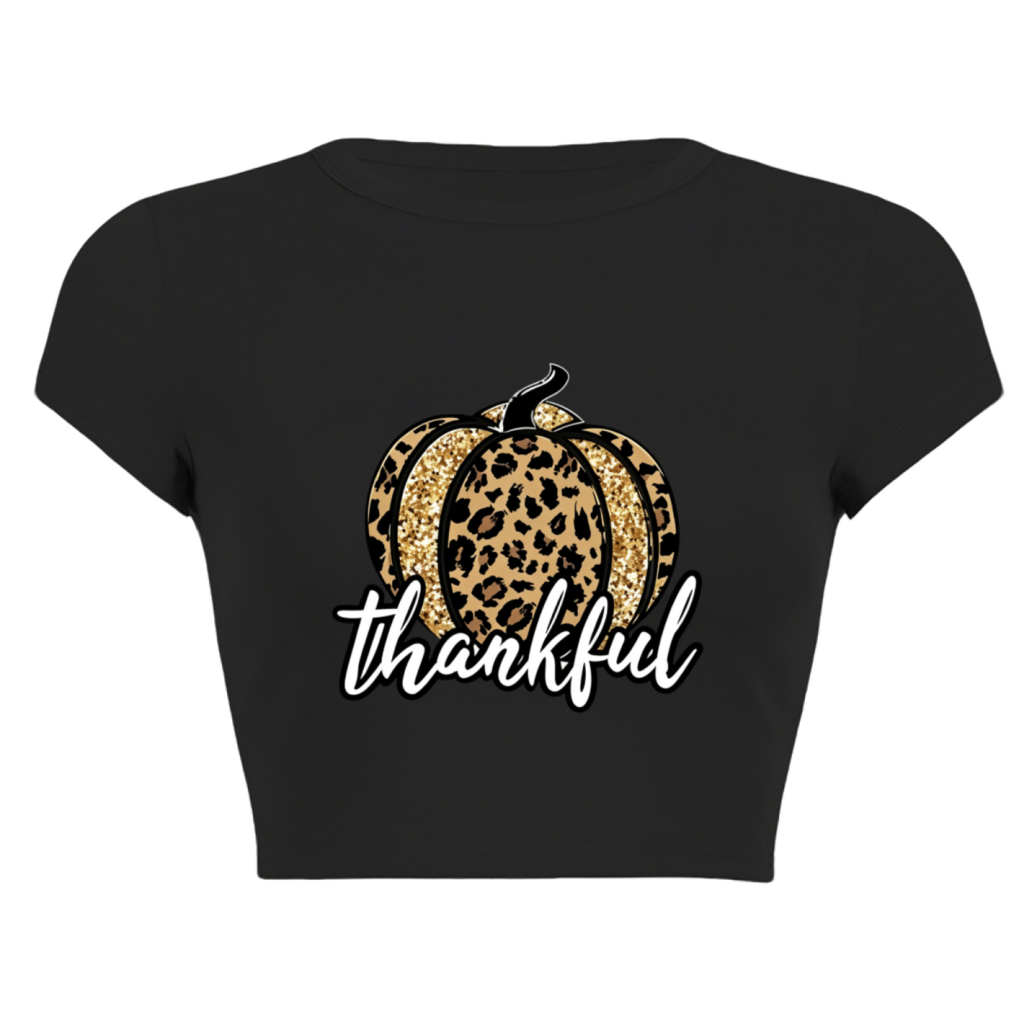 Leopard Glitter Pumpkin Thankful Fall Crop Top ¨C Autumn Holiday Slim Tee
