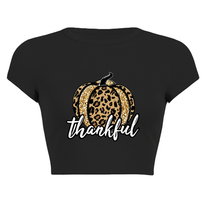 Leopard Glitter Pumpkin Thankful Fall Crop Top ¨C Autumn Holiday Slim Tee