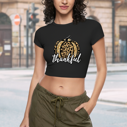 Leopard Glitter Pumpkin Thankful Fall Crop Top ¨C Autumn Holiday Slim Tee
