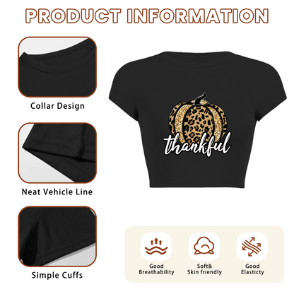 Leopard Glitter Pumpkin Thankful Fall Crop Top ¨C Autumn Holiday Slim Tee