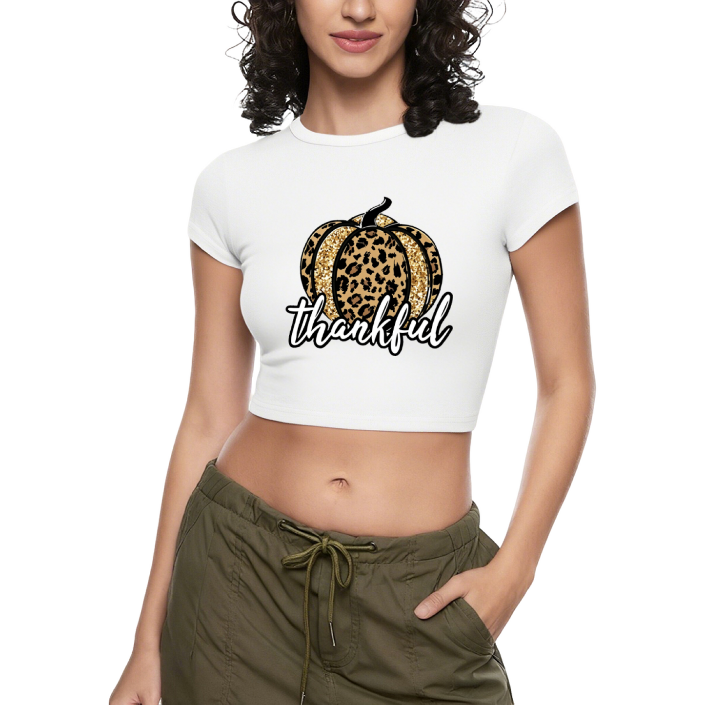 Leopard Glitter Pumpkin Thankful Fall Crop Top ¨C Autumn Holiday Slim Tee