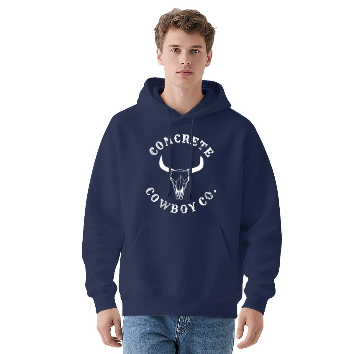Vintage Concrete Cowboy Co Bull Skull Navy Hoodie, Men¡¯s Cozy Western Style Top