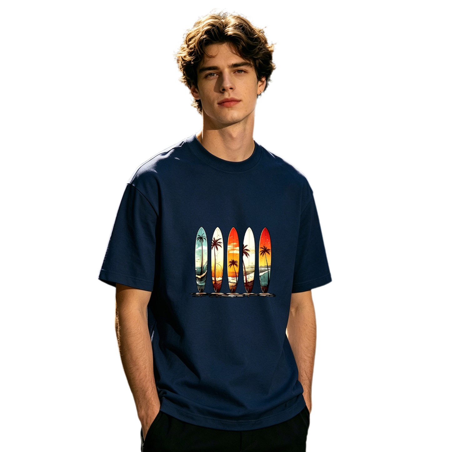 Men's Retro Sunset Surfboard Palm Tree Vintage Surf Graphic Tee