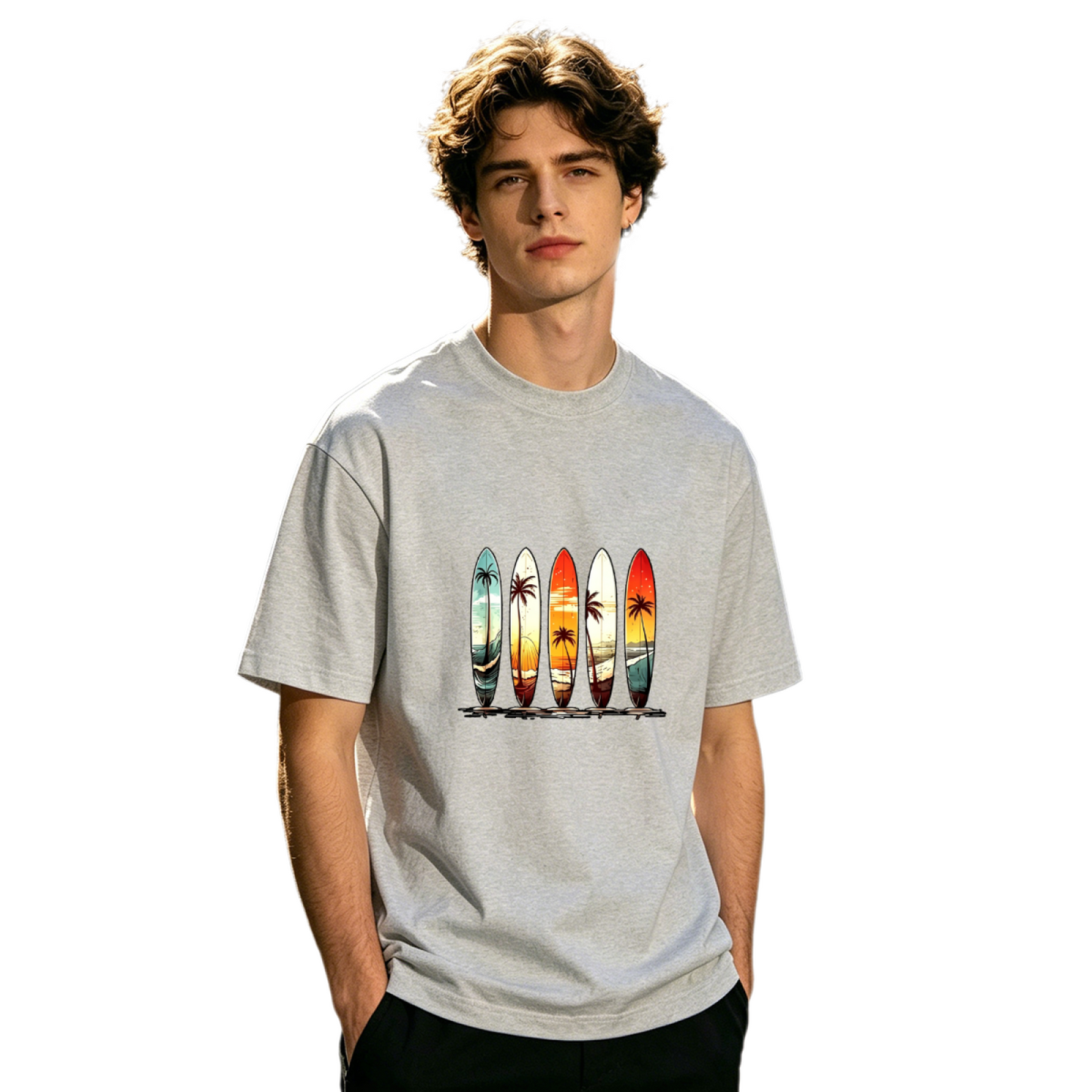 Men's Retro Sunset Surfboard Palm Tree Vintage Surf Graphic Tee