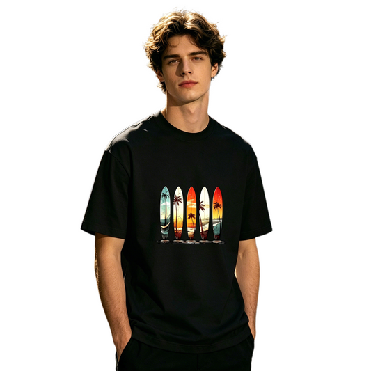 Men's Retro Sunset Surfboard Palm Tree Vintage Surf Graphic Tee