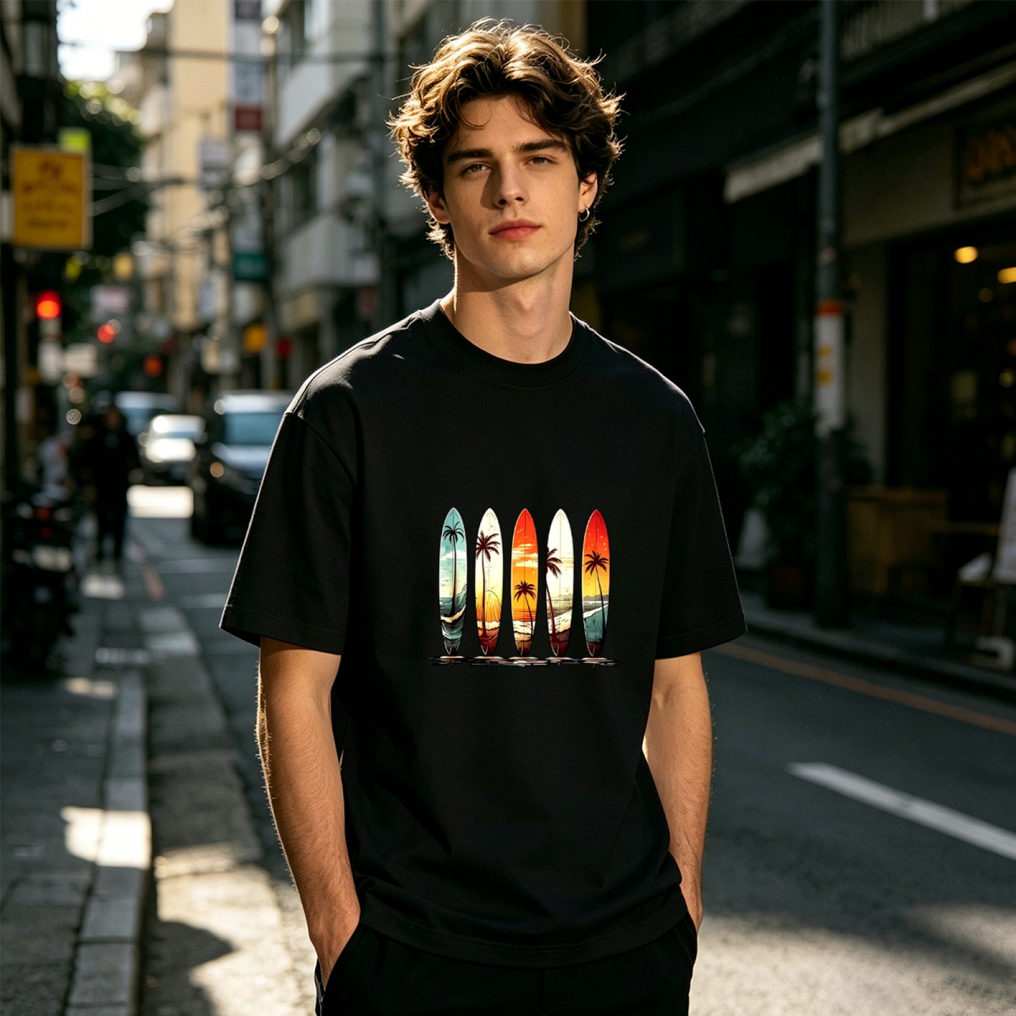 Men's Retro Sunset Surfboard Palm Tree Vintage Surf Graphic Tee