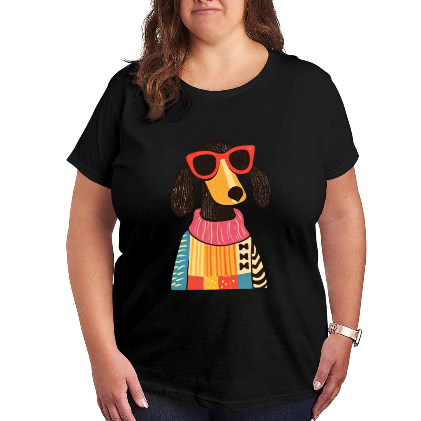 Fashionista Sausage Dog In Colorful Patchwork Sweater Graphic Tee