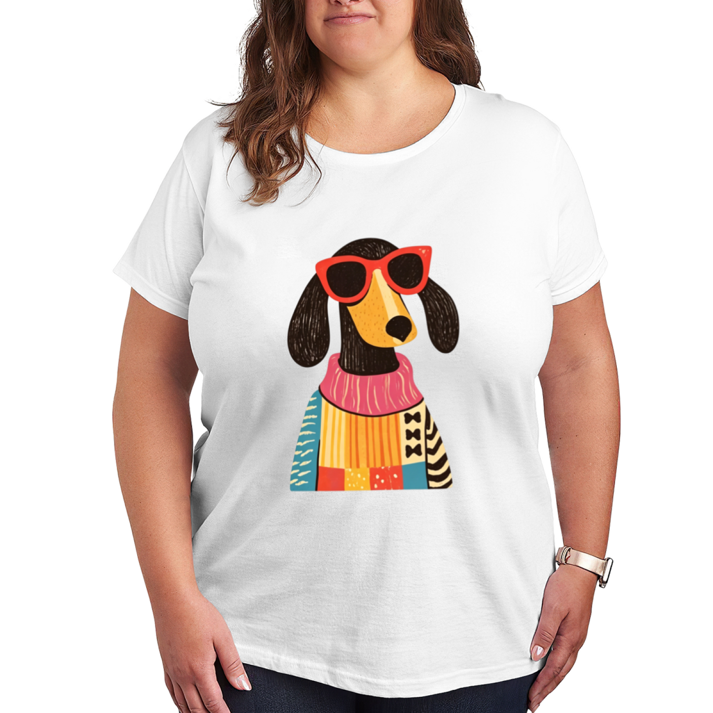 Fashionista Sausage Dog In Colorful Patchwork Sweater Graphic Tee