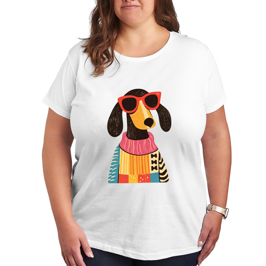 Fashionista Sausage Dog In Colorful Patchwork Sweater Graphic Tee