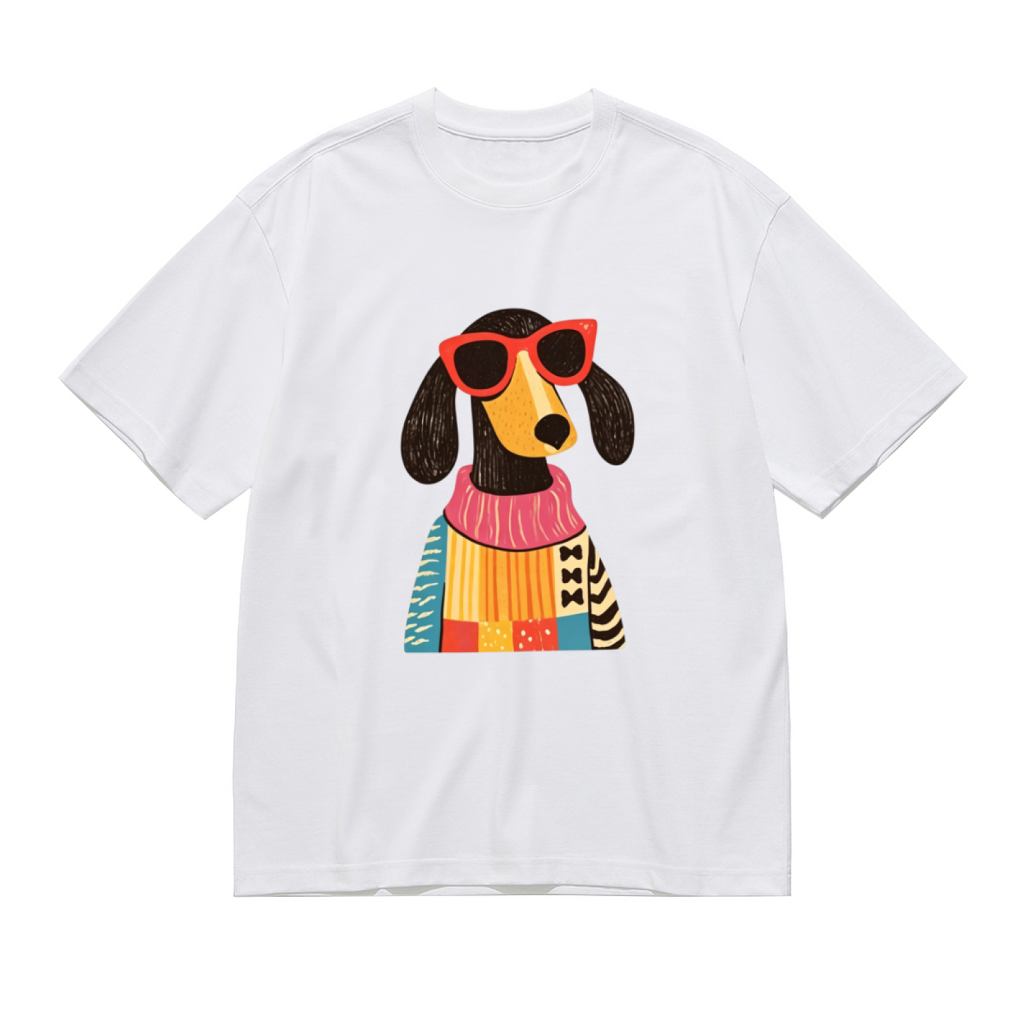 Fashionista Sausage Dog In Colorful Patchwork Sweater Graphic Tee