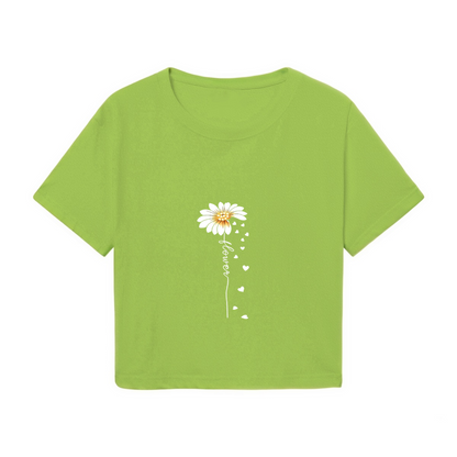 Daisy Flower Heart Handwriting Lime Crop Top ¨C Soft Cottagecore Aesthetic Tee