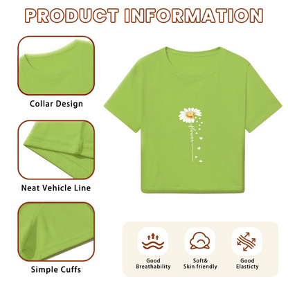 Daisy Flower Heart Handwriting Lime Crop Top ¨C Soft Cottagecore Aesthetic Tee
