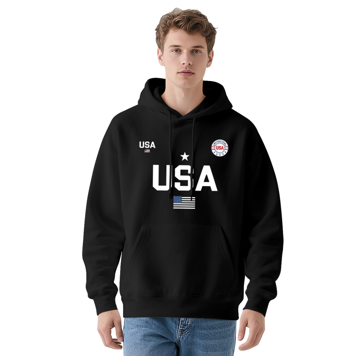 Patriotic USA Flag Star Graphic Black Hoodie