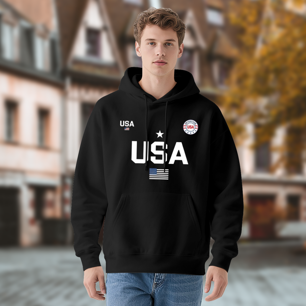 Patriotic USA Flag Star Graphic Black Hoodie